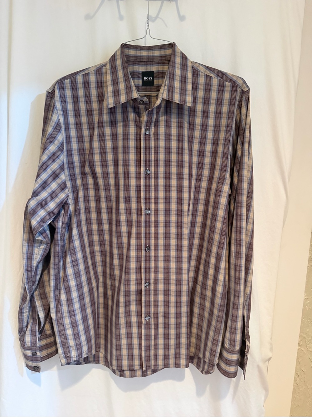 Hugo Boss Purple and Cream Plaid Long-Sleeve Dress Shirt
